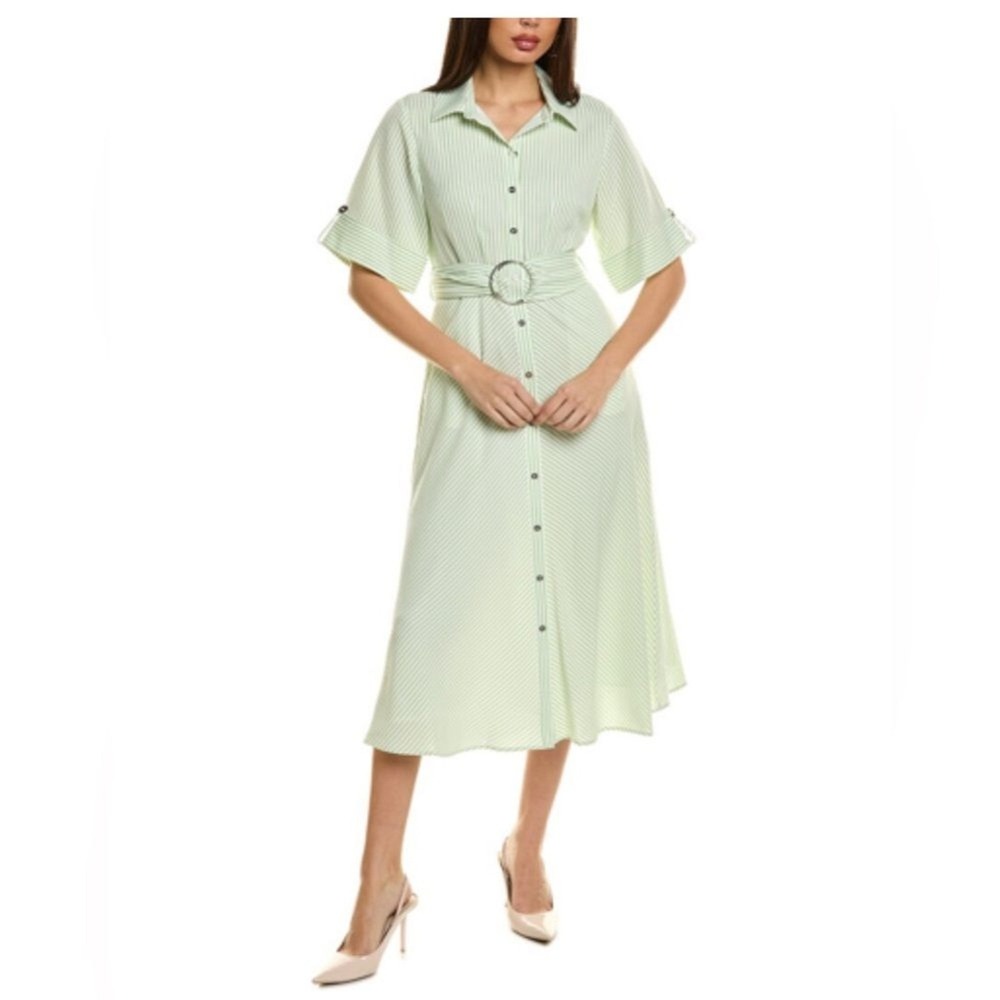 Elie Tahari The Eden Belted Midi Dress size 12 Seersucker‎ Green NWT Career